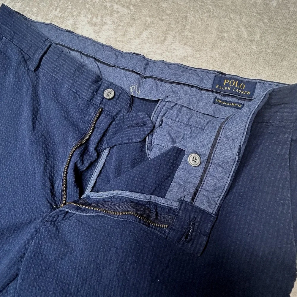 Polo Ralph Lauren Mens‎ 38 Navy Blue Chino Seersucker Stretch Classic Fit Shorts